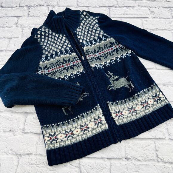 Eddie Bauer Sweaters - EDDIE BAUER Women's Fair Isle Reindeer Cardigan Zip Sweater Large Dark Blue